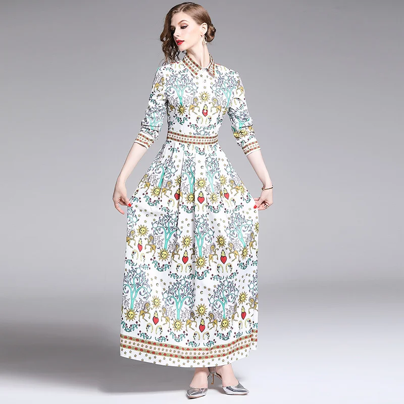 

Fashion Print Party Maxi Dress 2018 Autumn New Fashion Runway Women Elegant Long Sleeve Holiday Boho Beach Long Dress Plus Size
