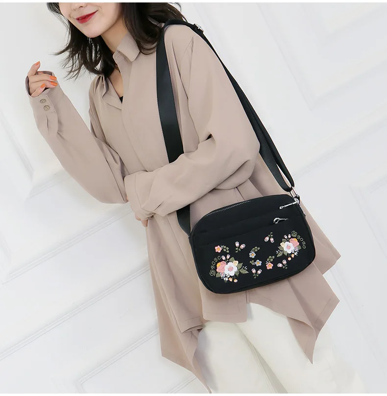 Luxury Brand Flower Shoulder Bag Women Small High Quality Nylon Tote Top-handle Travel Crossbody Bag Embroidery Messenger Bags