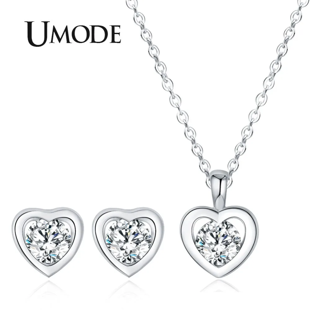 

UMODE Heart Design Zircon Crystal Jewelry Set for Women Earring and Pendant Necklace White Gold Link Chain Set Jewelry AUS0058