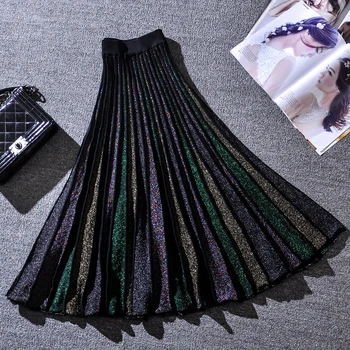 

Skirts Women Spring autumn Sequins Elegant Viscose Multi-Colors Golden Thread Knitted Fashion Midi pleated Skirts