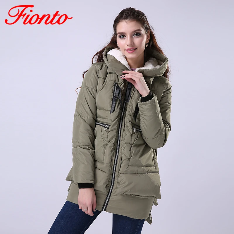 Fionto Для женщин с капюшоном длинные Стиль теплые Зимняя куртка Женская