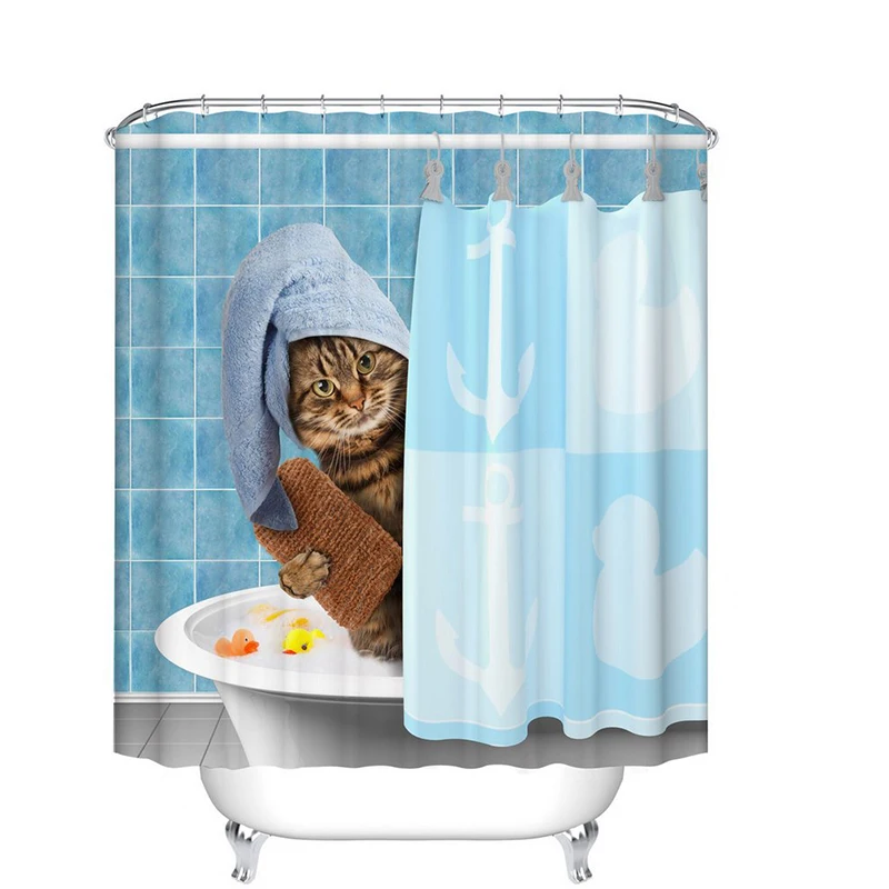 

Hot Cartoon Bath Polyester Waterproof Cat Shower Curtains With Hook Non-Slip Floor Mat Bath Curtain Sets Decoration Home Tools