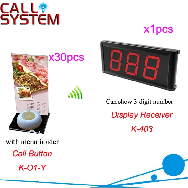 

Restaurant Watier Buzzer System K-403+O1-Y+H for wireless service1pcs 1-key call button and 30pcs 3-digit display Free Shipping