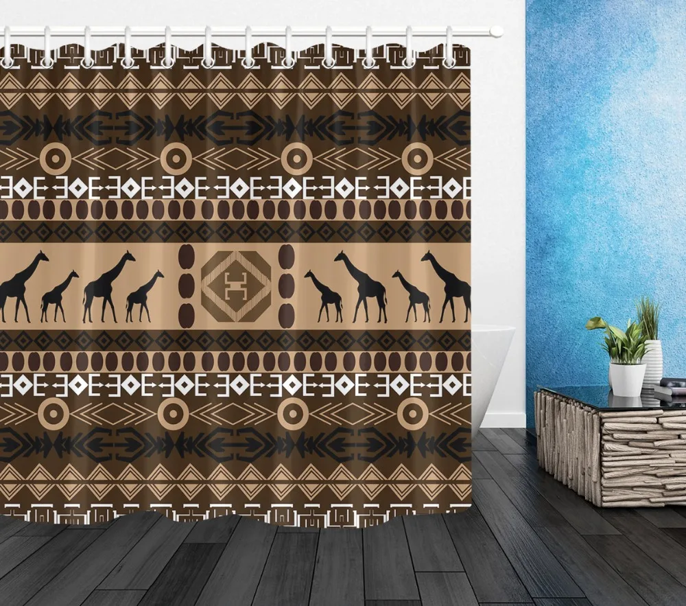 LB Ethnic Pattern of African Motif And Giraffe Shower Curtain Bathroom Waterproof Mildew