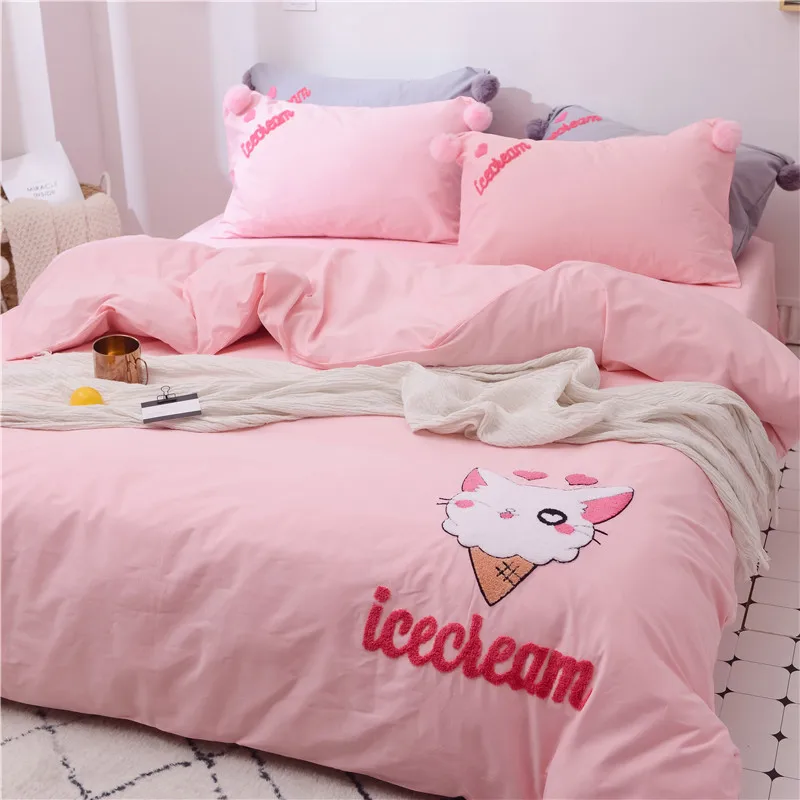 Розовый, белый, серый, милый набор постельных принадлежностей для девочек с рисунком котенка из мультфильма, набор постельных принадлежностей для девочек, пододеяльник, простыня, постельное белье, наволочки, Королевский размер, 4 шт