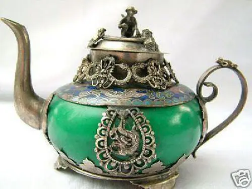 

Handwork Rare tibetan silver green jade carve dragon teapot monkey on Garden Decoration 100% real Tibetan Silver Brass