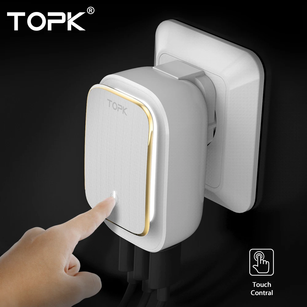 

TOPK 5V 3.4A(Max) 3-Port Phone Charger LED Lamp Auto-ID USB Travel Charger Adapter Portable US Plug Wall Charger Adapter (White)