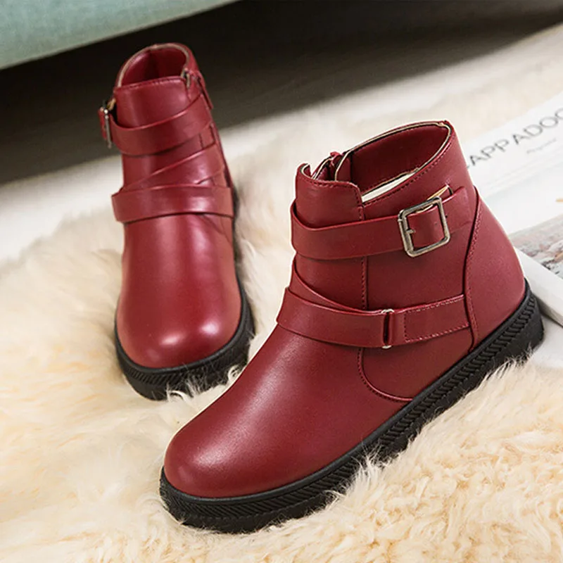 

Women Fashion PU Leather Ankle Boots Round Toe Lady Solid Warm Winter Snow Boots Buckles Zipper Short Plush Plus Size 43 2H0025