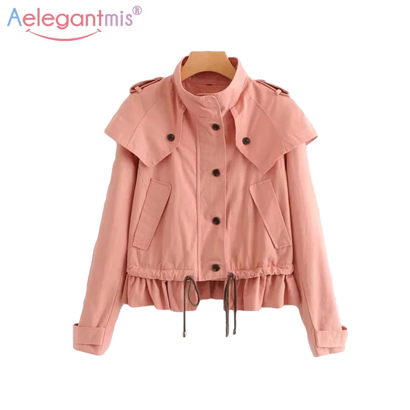 

Aelegantmis New Autumn Short Coat Stand Collar Slim Women Jacket Ruffles Zipper Pocket Coats Ladies Long Sleeve Casual Outerwear