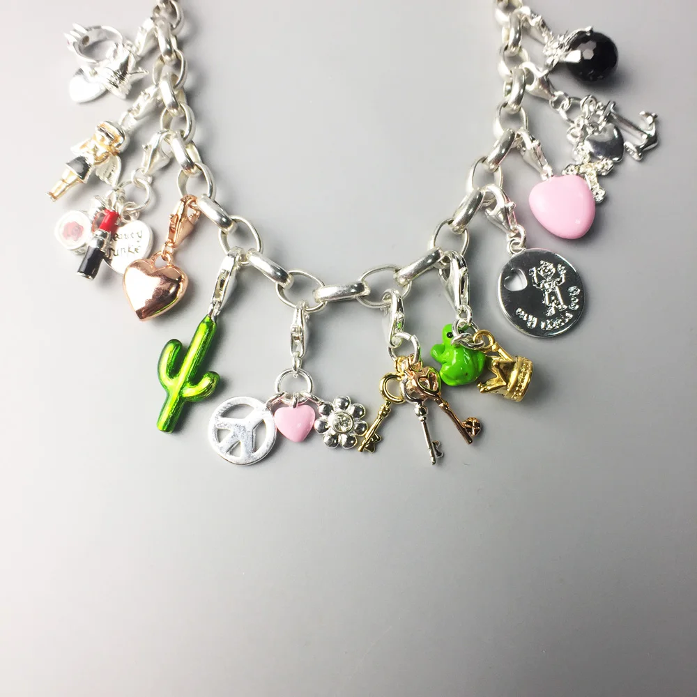 Lipstick Frog Prince Crown Cactus Angel Heart Key Faith Charms Pendant Fit Bracelet Fashion Silver DIY Gift Jewelry For Women | Украшения и