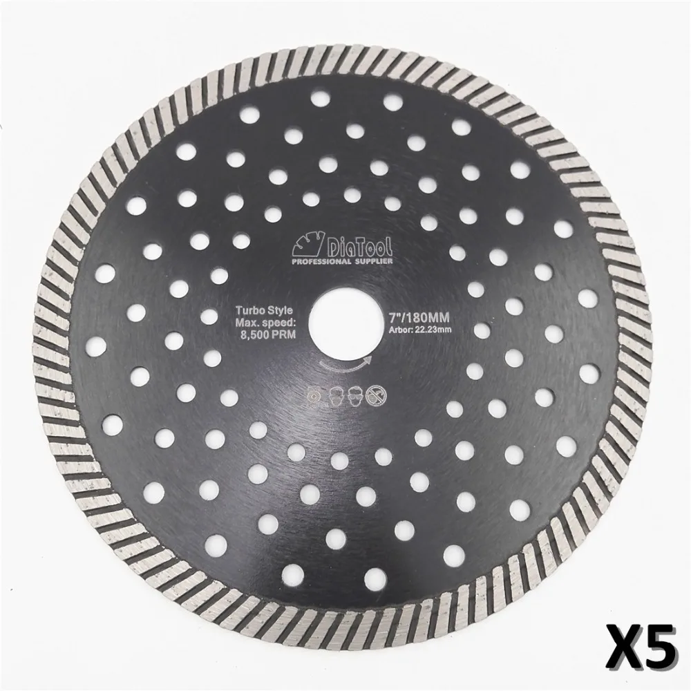 DIATOOL 5pcs 180MM Diamond Hot Pressed Diamond Turbo Blade Multi Holes For Hard Material Ceramic 