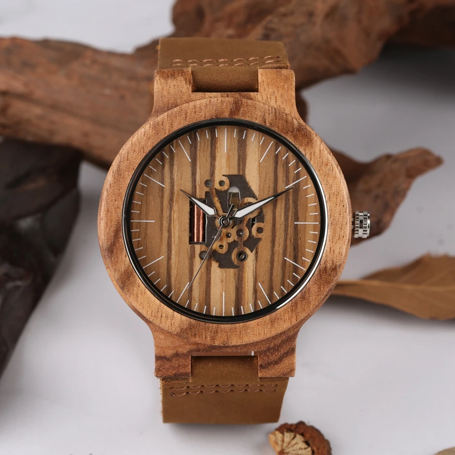 Wooden Watch Mens Watches Retro Zebra Stripe Round Analog Quartz Skeleton Dial Casual Cuff Sport Skeleton Clock Male Hours Gift 2020 2019 2021 (1)
