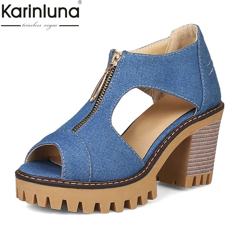 

Karinluna Brand Big Size 34-43 Denim Wide High Heels Platform Zip Women Shoes Woman Casual Party Ol Summer Sandals