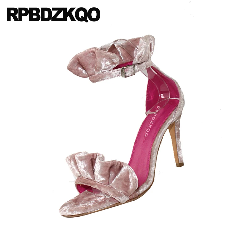 Chaussures Cheville Bout Haute 2017 Sangle Pompes Talons Designer Piste 2018 Sandales De Sexy Velours Ouvert À D'été Rose Femmes Stiletto Luxe FvHwf