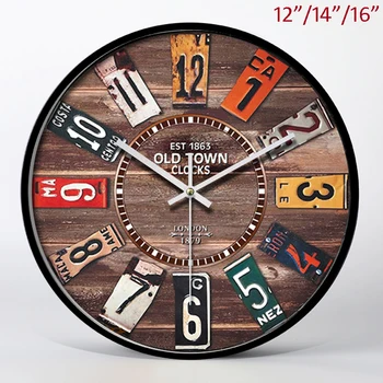 

Antique Country Style Dark Wood Accents with Arabic Numerals Round 12/ 14 /16 inches Black Iron Framed MDF Wall Clock