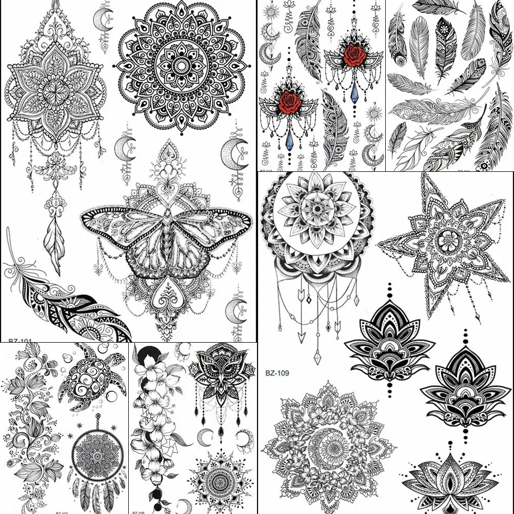 Богемные серьги Henna Mandala цветок красочные металлические Временные татуировки, Стикеры Луна перо Для женщин и девочек больших и черной звездой Водонепроницаемый татуировки с имитацией драгоценных камней