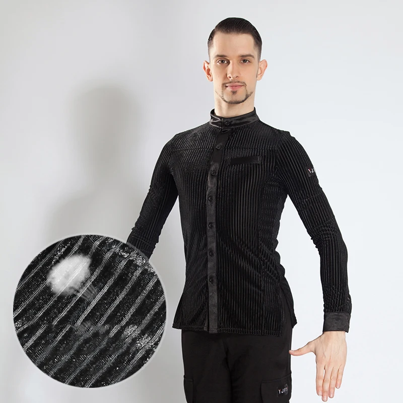 

High Quality Latin Dance Shirt For Men Dance Tops Black Long Sleeve Velvet Shirt Handsome Ropa Male Latin Dance Clothes VDB438
