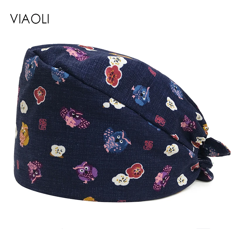 

New Cartoon Print Tieback Scrub Hats Surgical Caps Pet Hospital Pharmacy 100% Cotton Elasticized Work Hat Nurse Cap Adjustable