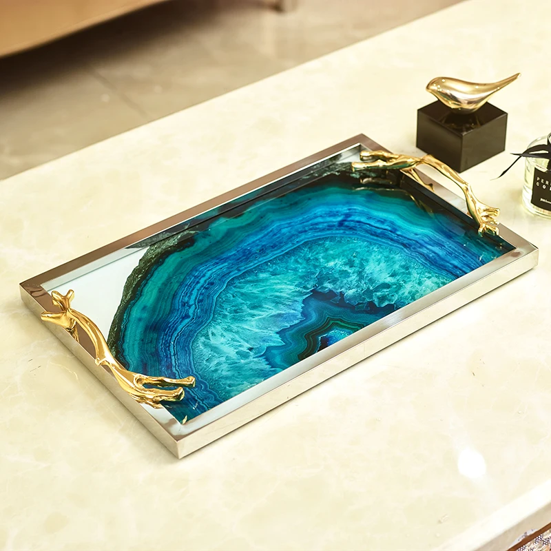 European blue agate stone pattern rectangular tray decoration home living room coffee table storage bed decorations
