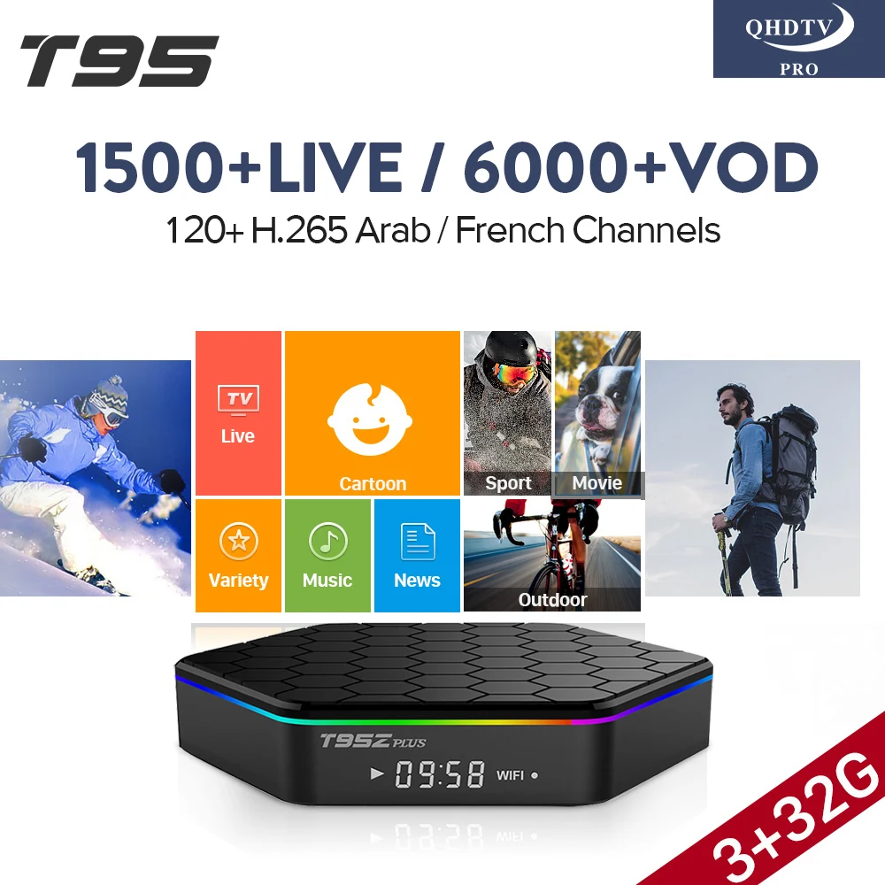 

T95Z PLUS 3GB 32GB TV Box Amlogic S912 Octa Core Smart 4K Media Player H.265 1 Year QHDTV PRO Code Europe Arabic French IPTV Box