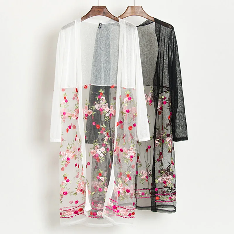 Women Chiffon Floral Embroidery See Through Cardigans Sheer Voile