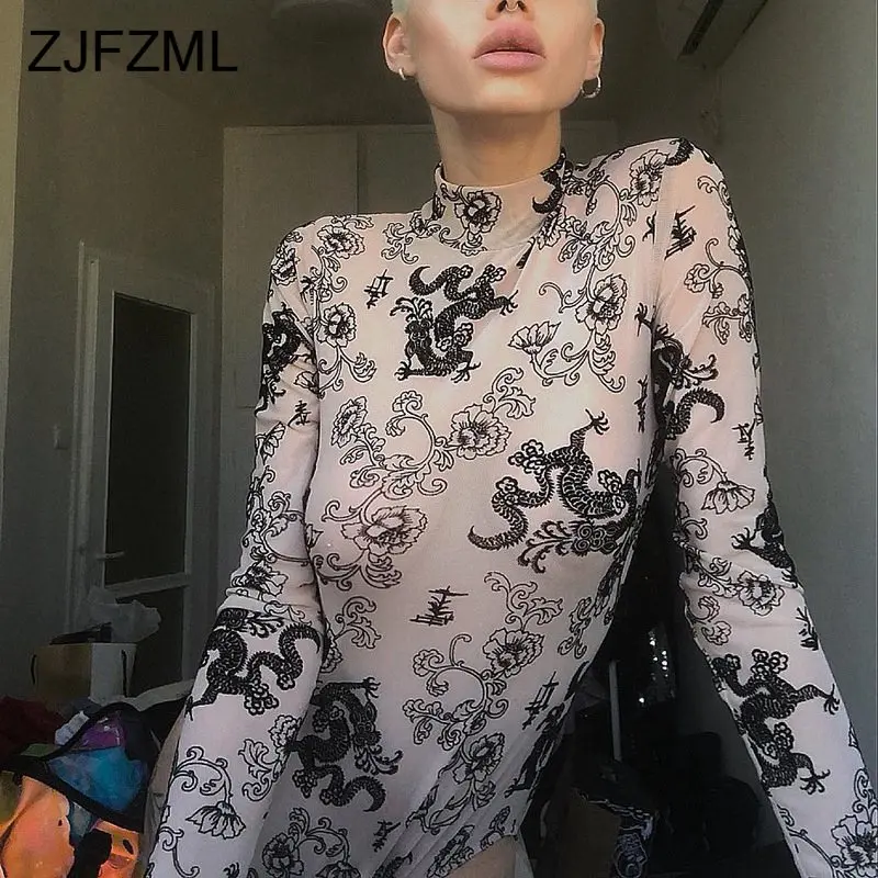 Peony and Dragon Print Transparent Mesh Sexy Bandage Bodysuit Women Long Sleeve High Neck Club Romper Ladies Bodycon Overalls