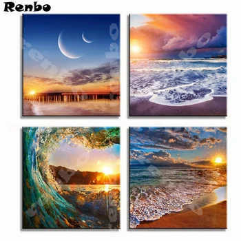 

4pcs/set,diy Full square Diamond Painting Cross Stitch Sunset landscape Diamond Embroidery Sea wave mosaic home decor A121