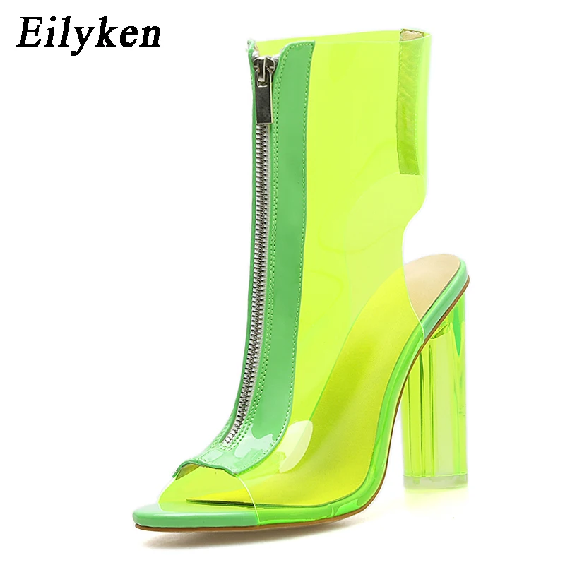 

Eilyken Fashion Apricot Green Summer Autumn Boots Sandals Peep Toe PVC Transparent Crystal Square Heel Women Shoes Size 35-42