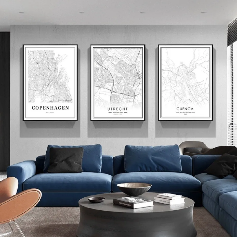 

Black and White UTRECHT CUENCA COPENHAGEN City Map Black White Posters Canvas Painting Prints Wall Art POP Pictures Home Decor