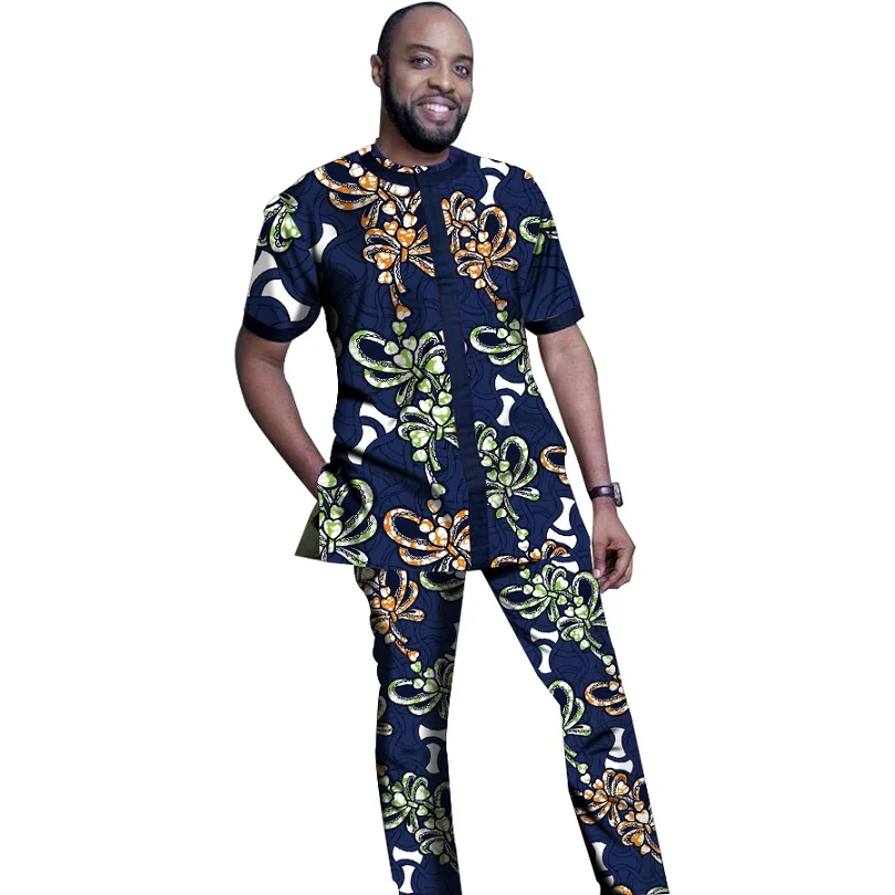Модные африканские Для мужчин топы с брюками мужской Дашики одежда принт короткий рукав человек футболки и комплект со штанами