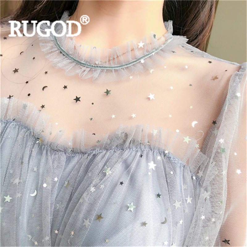 Платье RUGOD женское длинное Сетчатое с изображением звезд о образный вырез