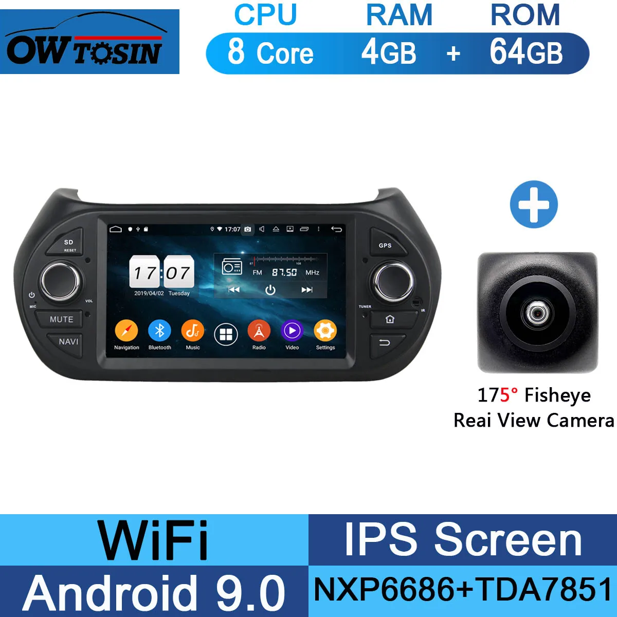 " ips 8 Core 4G ram 64G rom Android 9,0 автомобильный dvd-радио GPS для Fiat Fiorino Qubo Citroen Nemo peugeot Bipper 2008- DSP CarPlay - Цвет: 64G Fisheye Camera