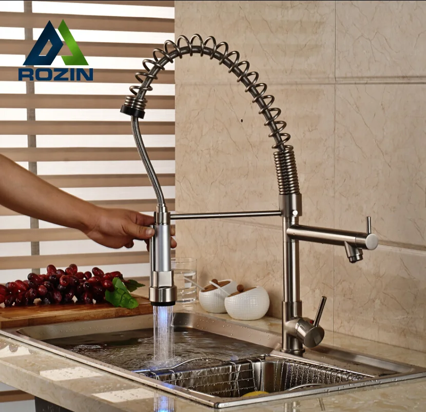 LED Light Two Spout Spring Pull Down Kitchen Sink Faucet Hot Cold Water Mixer Taps Brushed
