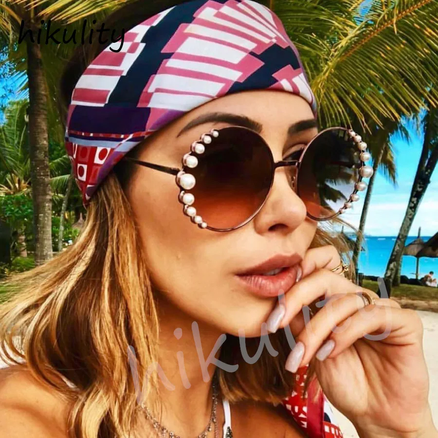 

with Pearl Beads Metal Round Sunglasses Women 2018 Luxury Vintage Gradient Lens Ladies Shades Retro Pink Sun Glasses Female