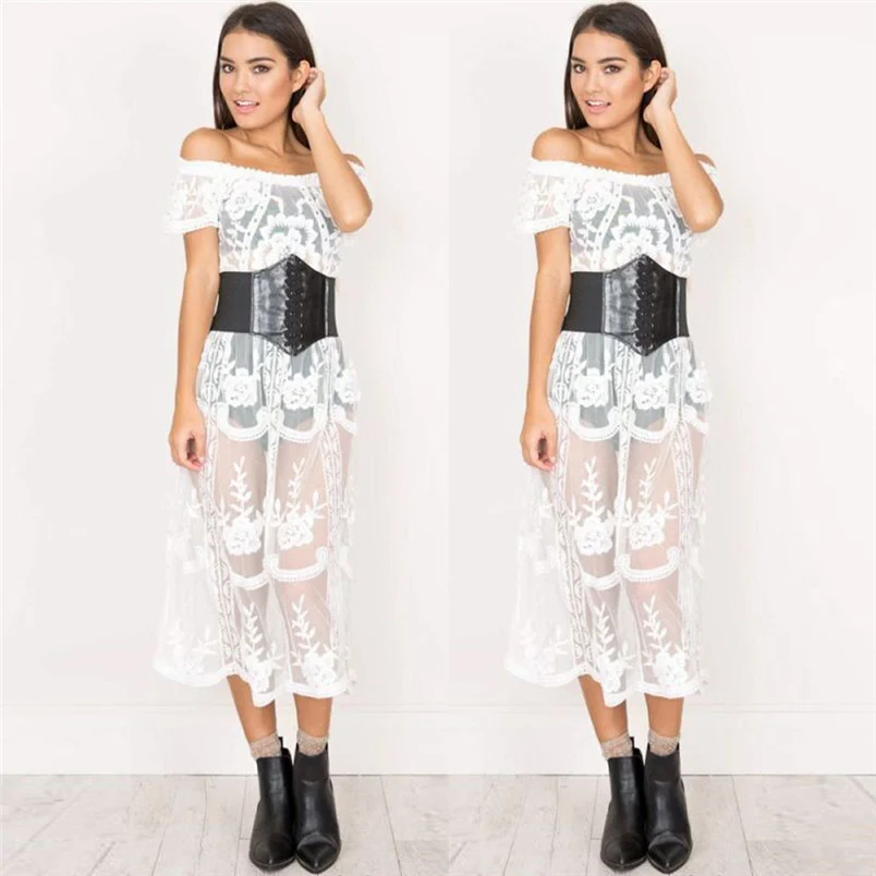 2018 New Women Sexy Off Shoulder Floral Lace Hollow Bikini Cover Up Slash Neck Swimwear Casual Beach Dress Wholesale F#L18 (2)
