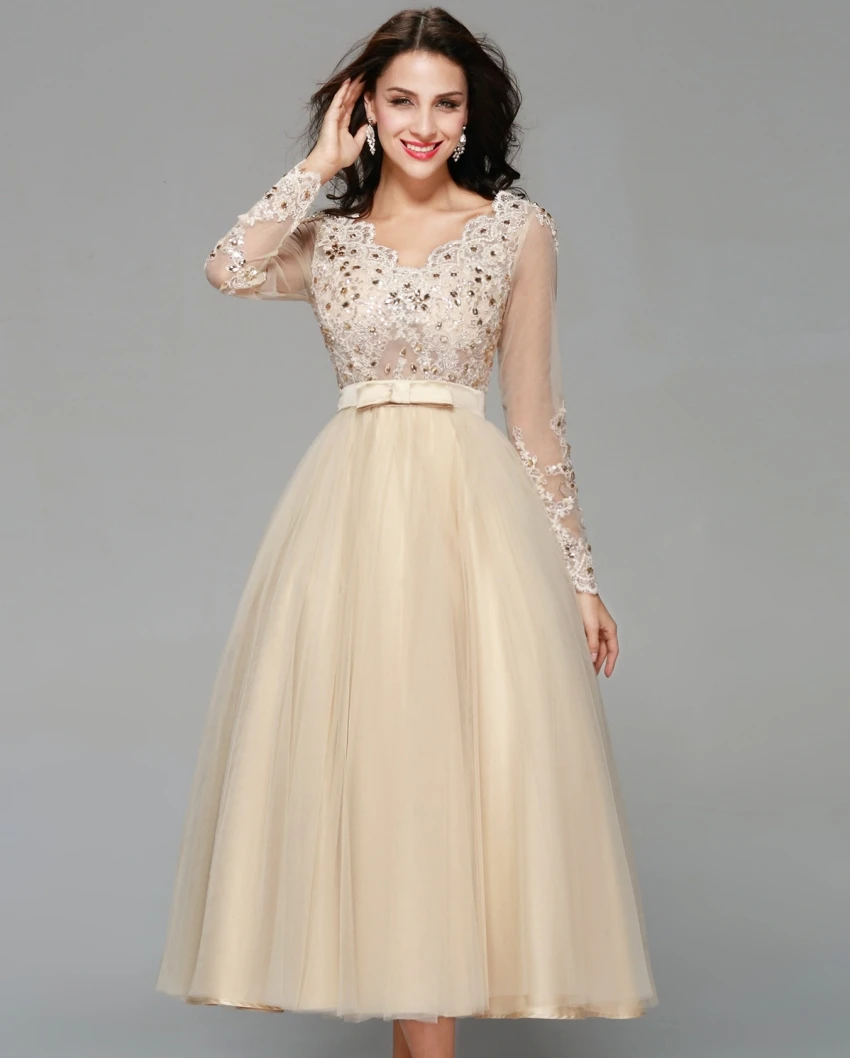 Elegant Champagne Tulle Appliqued Lace Crystal Tea-length Long Sleeve Evening Dress