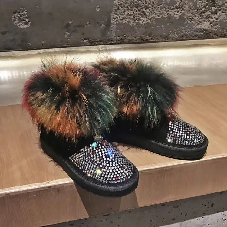 

Womens Ankle Boots Rhinestones Crystal Real Mink Fur Fleece Shoes Snow Warm Shiny Bling Winter Western Black Brown Plus Size