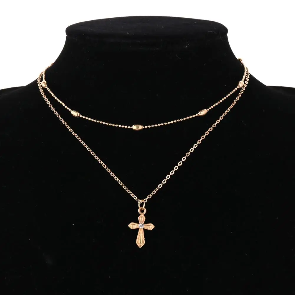 Sexy Double Layers Choker Cross Pendant Charm Necklace Women Fashion