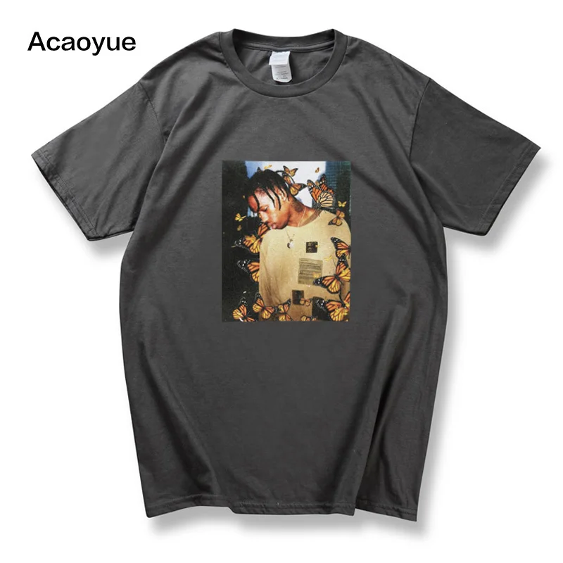 Трэвиса Скотта бабочка футболка эффект рэп музыкальный альбом Обложка для мужчин и женщин Astroworld лицо материал Топ Футболка S-2XL - Цвет: Темно-серый
