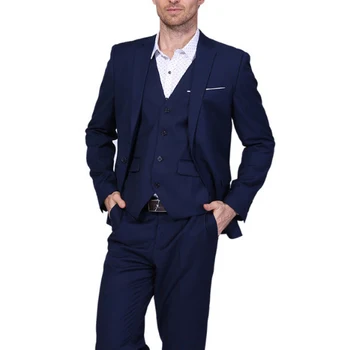 

Navy Blue Business Men Suits Notched Lapel 3 Piece Jacket Pants Vest Wedding Groom Tuxedos New