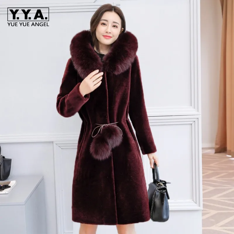 

Elegant Slim Fit Faux Fur Coat Women Fox Fur Collar Long Sleeve Sashes Lady Shaggy Jacket Hooded Plus Size 5XL Long Coats Female