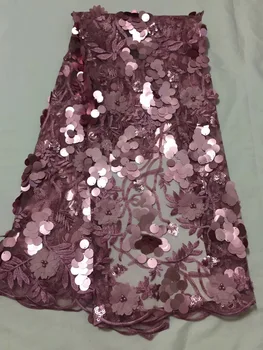 

2018 Purple French tulle lace george fabric with 3 d flowers sequins African lace fabric for wedding French george lace fabric