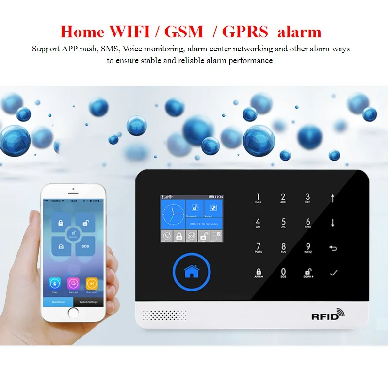 

English German Switchable Wireless Home Security WIFI GSM GPRS Alarm system APP Remote Control RFID card Arm Disarm