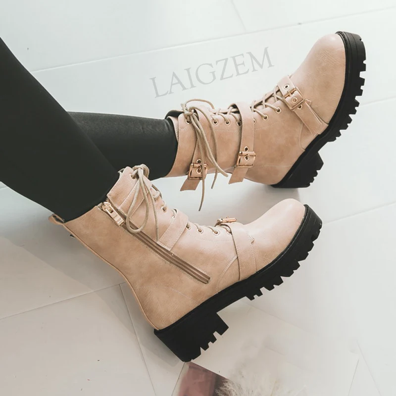 LAIGZEM Women Ankle Boots Mid Chunky Heels Combat Cow Girl Boots Punk Studs Boots Shoes Woman Botines Mujer Small Big Size 32-43 (4)