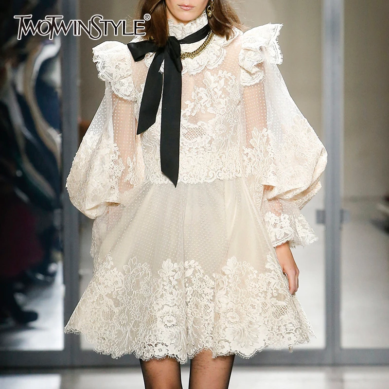 

TWOTWINSTYLE Sexy Lace Mesh Women's Dress Stand Collar Lantern Sleeve High Waist Perspective Bowknot Dresses Female 2019 New