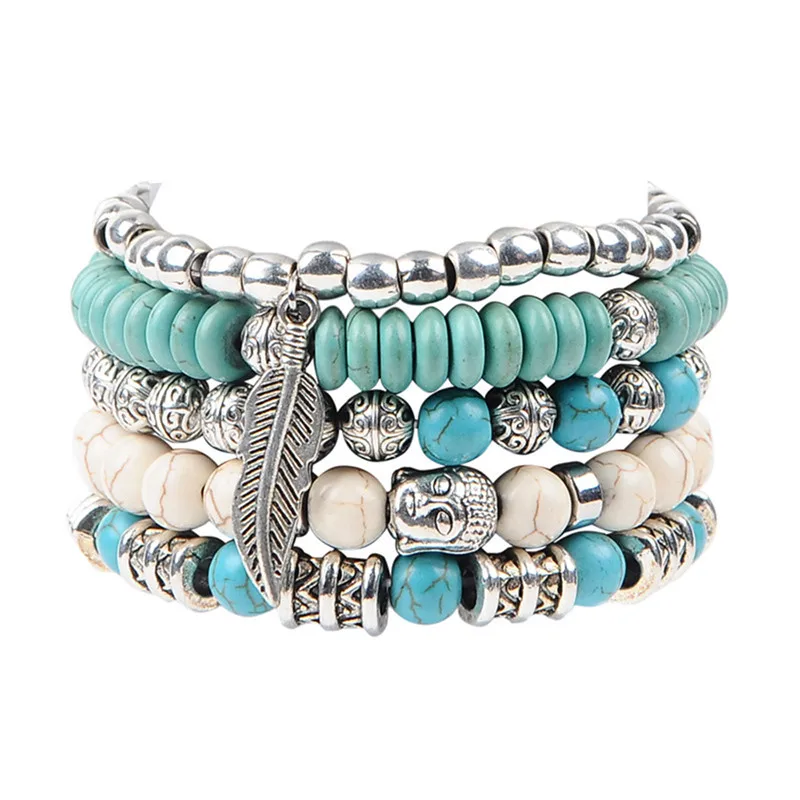 

BOAKO 5Pcs/Set New Buddha Beads Bracelets Boho Stone Bracelet Set For Statement Women Jewelry Gift armbanden voor vrouwen X7-M2