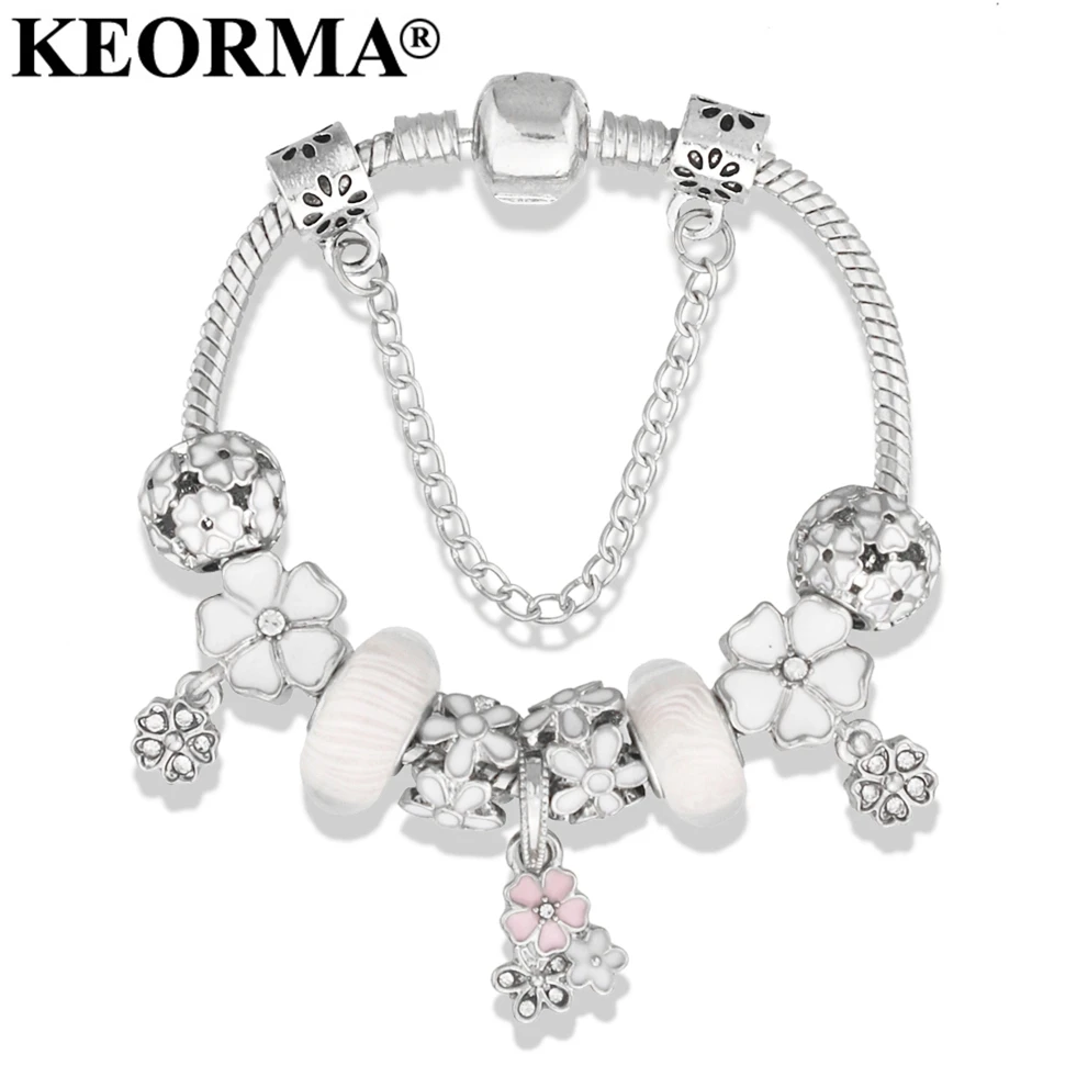 KEORMA Aliexpress Hot Pink Flower Charm Bracelet For Women Fashion DIY Bead Fit Europe Snake Bracelet Jewelry Lover's Gift KM012 Aliexpress