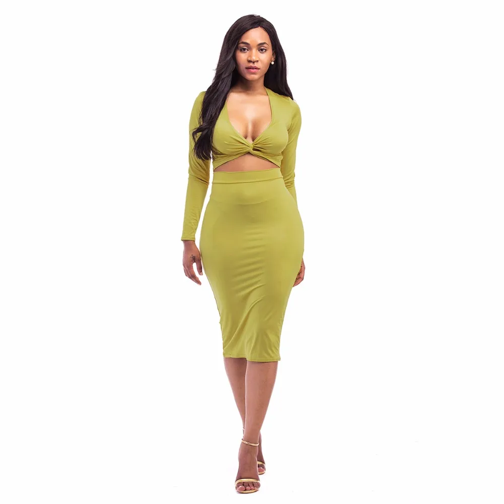 

FD0230 Women's Sets Full Sleeve V-neck Criss-Cross Short Tops Mid-Calf Skirt Sets Sexy Bodycon Clothes Drop Shipping
