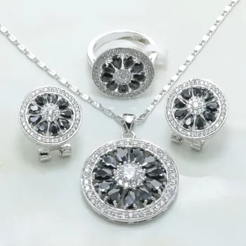

Otogo Transing Mark Silver Color Jewelry Set Black Crystal Round Shaped Earrings / Necklace / Ring Set Women Wedding-S172