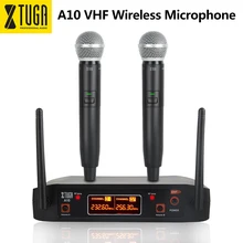 Xtuga A-10 2 Channel VHF Wireless Microphone System design with 2 HandHeld Wireless Mic for Karaoke/Family Party/Church Xtuga A-10 2 Channel VHF Wireless Microphone System design with 2 HandHeld Wireless Mic for Karaoke/Family Party/Church